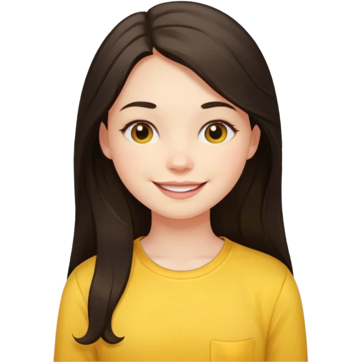 girl on her laptop, long dark hair white skin and yellow shirt long sleeves, smiling emoji