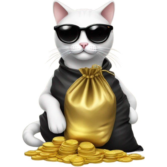 cat in brutal dark glasses with a bag of gold coins emoji