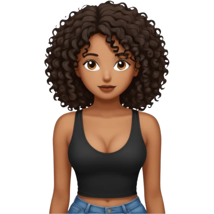 brown skinned lady with curly black hair, shoulder long hair, messy, nice curves, busty, low cut tank top emoji