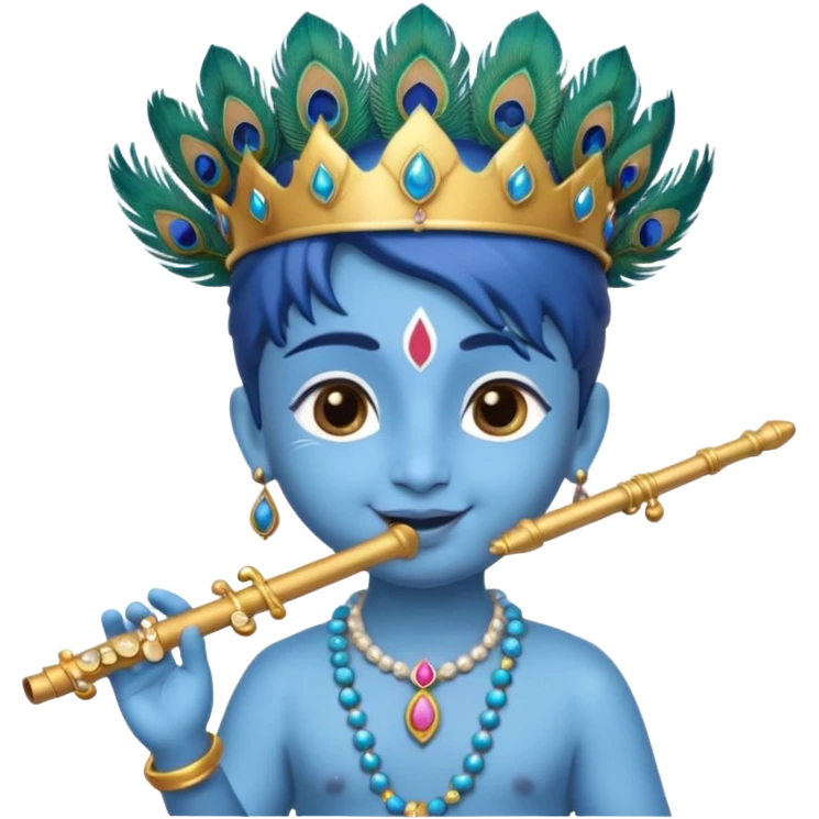 Cute young Krishna emoji, soft blue skin, peacock feather on crown, charming smile, holding a flute, big expressive eyes, round chibi emoji style, divine and joyful look." emoji