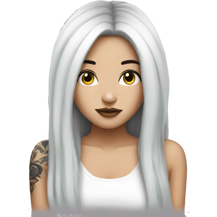 Beautiful girl with white skin, long black hair and tattoos emoji