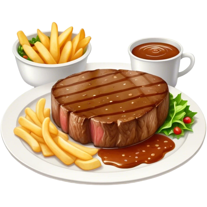 big juicy australian steak meal featuring chips, small salad in a ramiken and gravy  emoji