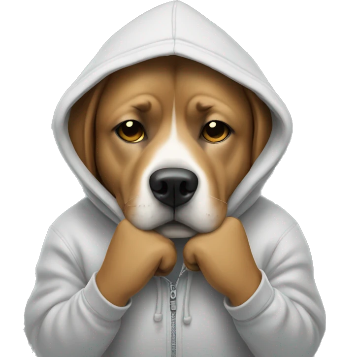 dog wearing a hoodie and holding hands on eyes emoji