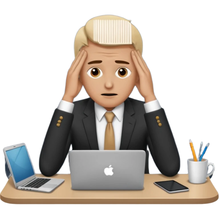 A man in corporate attire sitting at a desk, having fatigue hands on head while working on a laptop emoji