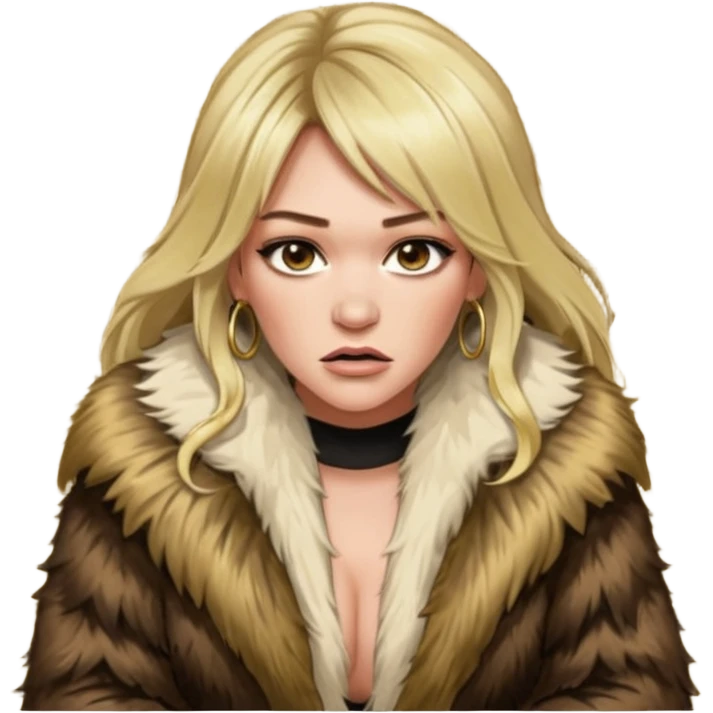 Cinematic Realistic Ultra HD -  Angry, High Nose - Glamour, Plunging Neck Hilary Duff Extreme Long Long Hairstyle in Shaggy Fur Coat with Gold Flash - Crouching on Kashmir Carpet emoji