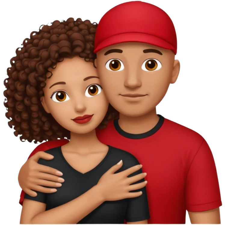 A picture of a tanned couple embracing. the guy is Mexican, with a bald hair cut and he is wearing a red shirt. the girl is mixed, the girl is wearing a black shirt, the girl has brown curly big hair and with big boobs  emoji