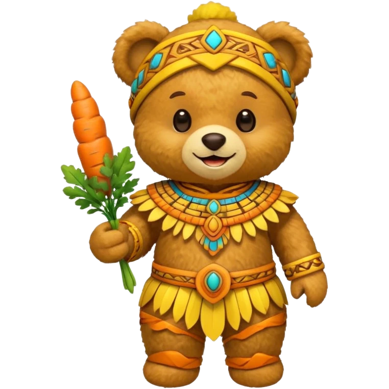 teddy bear, wearing yelloư mayan ancient custome, with carrot half body emoji
