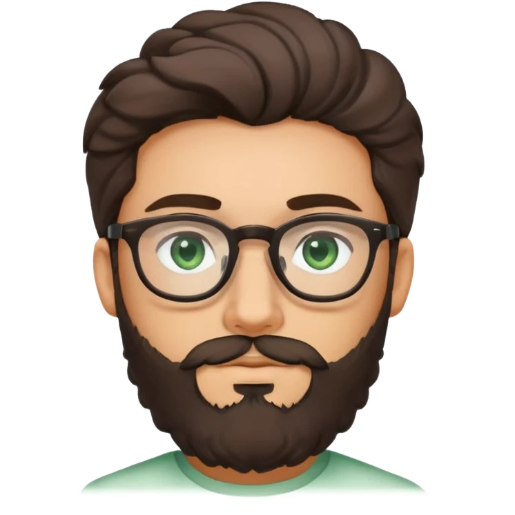 young man with dark slightly curled hair wearing glasses with green eyes and fuller beard emoji