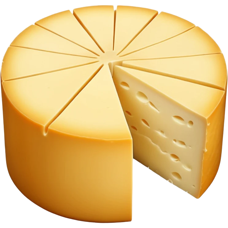 small round wheel of Coulommiers cheese with soft white bloomy rind and pale yellow creamy interior, clean slice cut showing smooth slightly gooey texture near edge, velvety rind with gentle surface wrinkles, soft lighting, subtle shadows, transparent background, emoji scale emoji