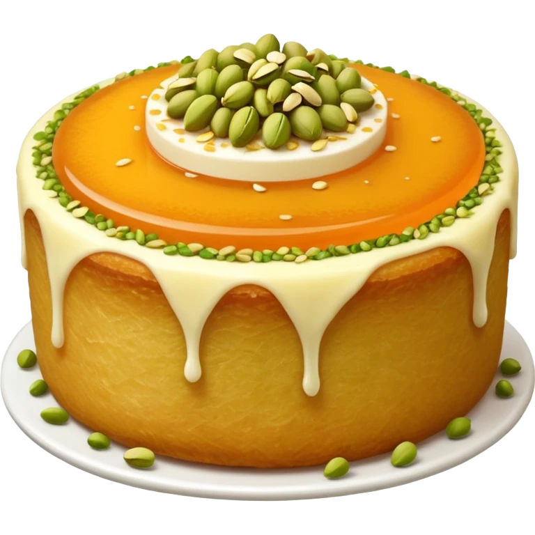 A small round emoji of traditional kanafeh with golden-orange crispy threads, a gooey white cheese center, and a light sprinkle of green pistachios. Warm and delicious-looking. emoji