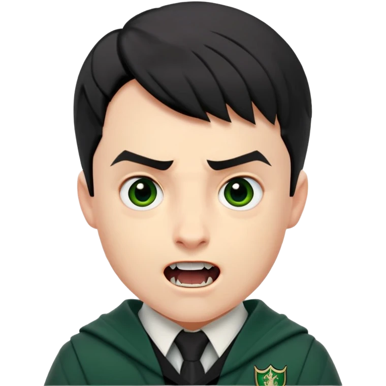 Jamie Yeates is Marcus Flint in harry potter, wear hogwarts slytherin uniform, short black hair, bulky face, often grimacing and showing buck teeth growl menacingly emoji