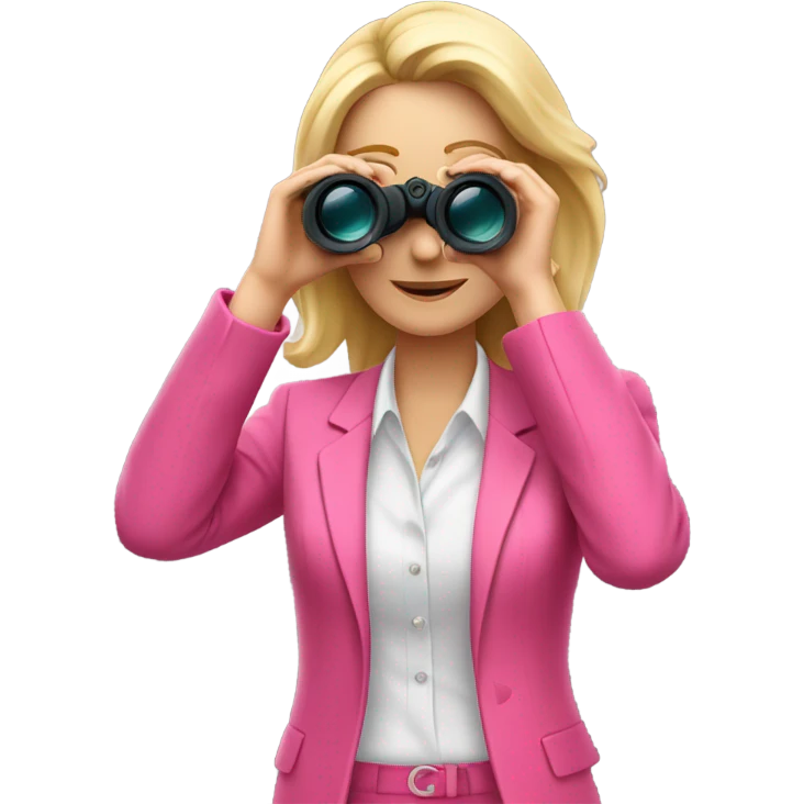 white female employee with pretty face and loose blonde hair wearing intensive color pink suit looking in binoculars emoji