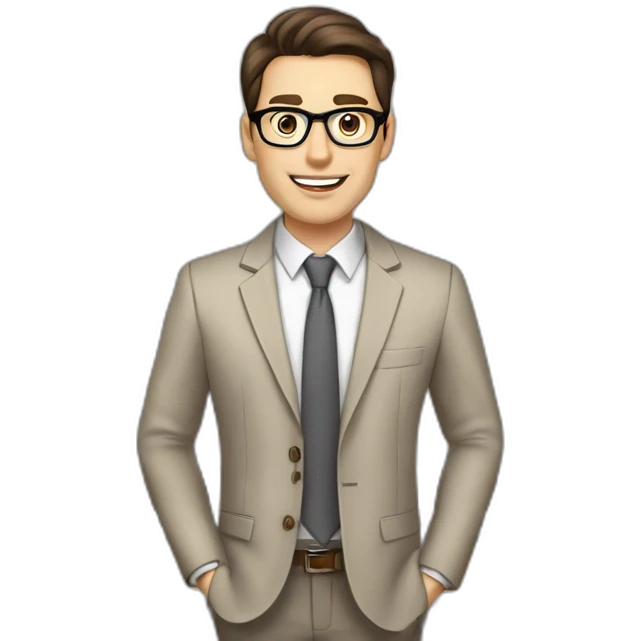 Pale skinned fit man with dark brown hair in gray jacket, beige office shirt, brown tie, brown pants and vintage glasses Writing text on the flipchart emoji