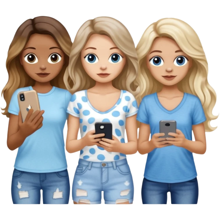Three women in summer clothes holding iPhone, hazel eyed light skin with dark blonde long hair and Brown eyed,light skin, and brown long wavy hair, blue eyed light skin long blonde hair that have their 2 dogs that are blue spotted Merle Frenchie, black and tan chihuahua  emoji