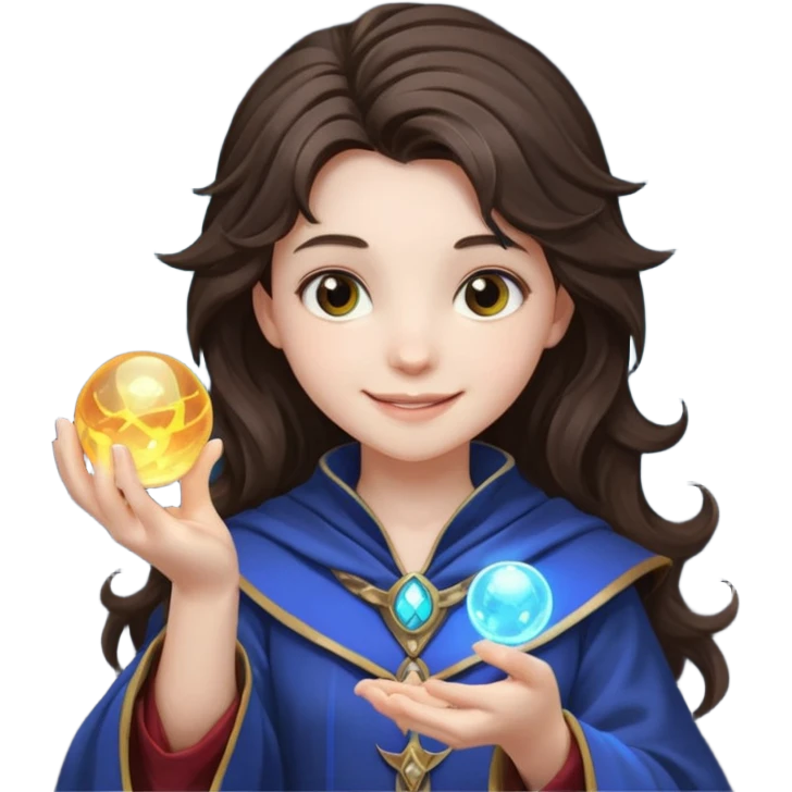 A teen brunette mage with tousled hair, holding a tiny glowing orb and smiling confidently. emoji