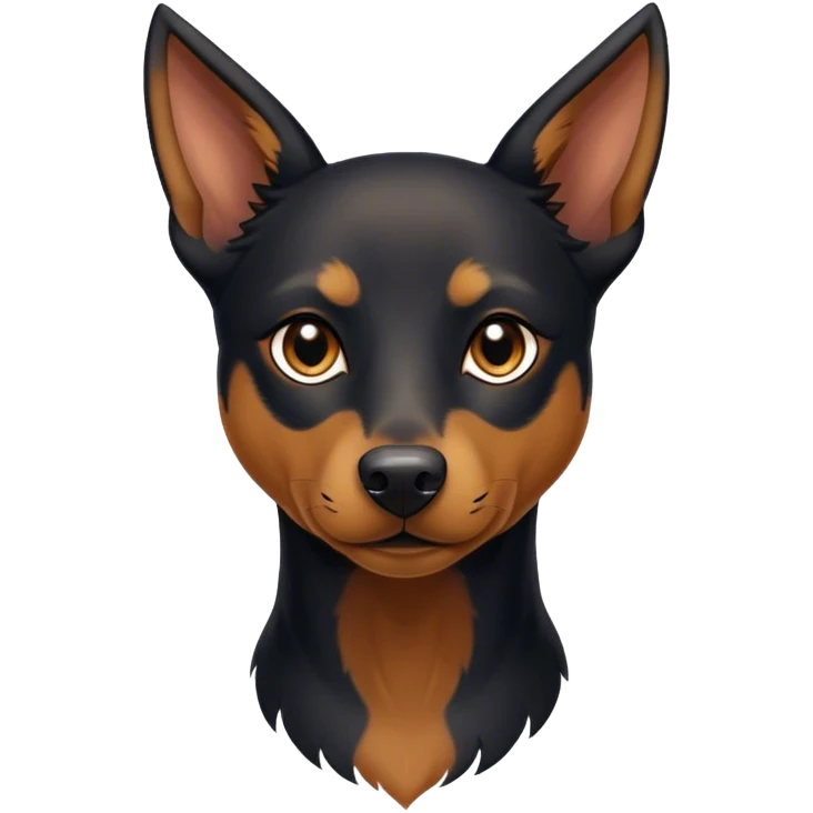 Cinematic Noble Black and Tan Kelpie Portrait Emoji, Poised and regal, with a strong, agile build and a glossy, well-groomed Fur of deep black and tan accents, piercing dark eyes, Simplified yet sharp and sophisticated features, highly detailed, glowing with a soft, dignified glow, high shine, intelligent and energetic, stylized with an air of determination, focused and attentive, soft glowing outline, capturing the essence of a watchful and confident herder, so majestic it feels as though it could bound out of the screen with effortless authority! emoji