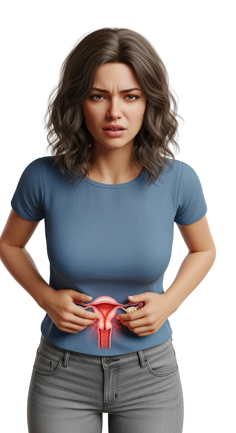 donna vestita casual realistico con utero umano anatomico in evidenza, dolore in volto, IPERREALISTICO 4K, sfondo bianco emoji