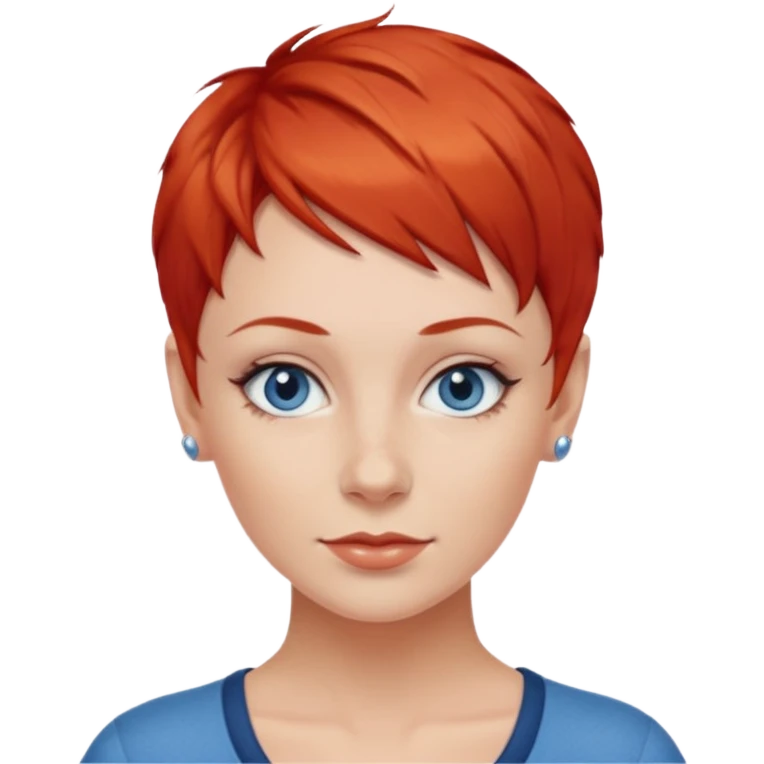 27 year old white woman, red hair, pixie cut, blue eyes emoji