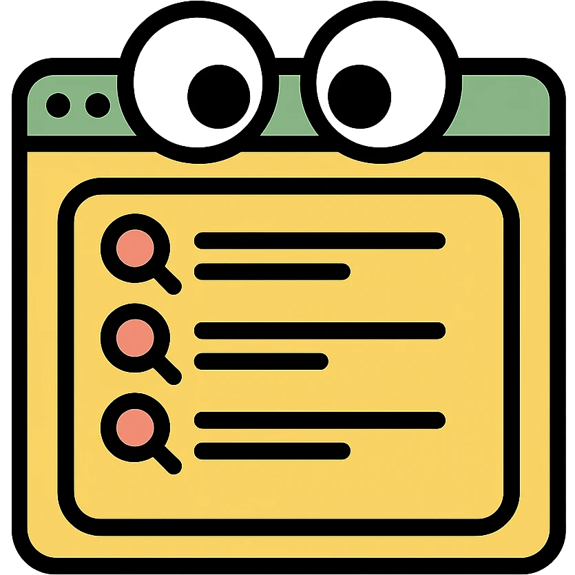 funny icon of a browser window with shocked eyes peeking over a search history list emoji
