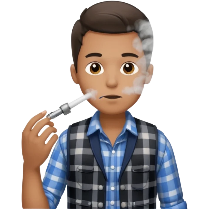 Vaquero camisa de cuadros blanca con negro y chaleco azul  joven sacando humo  emoji