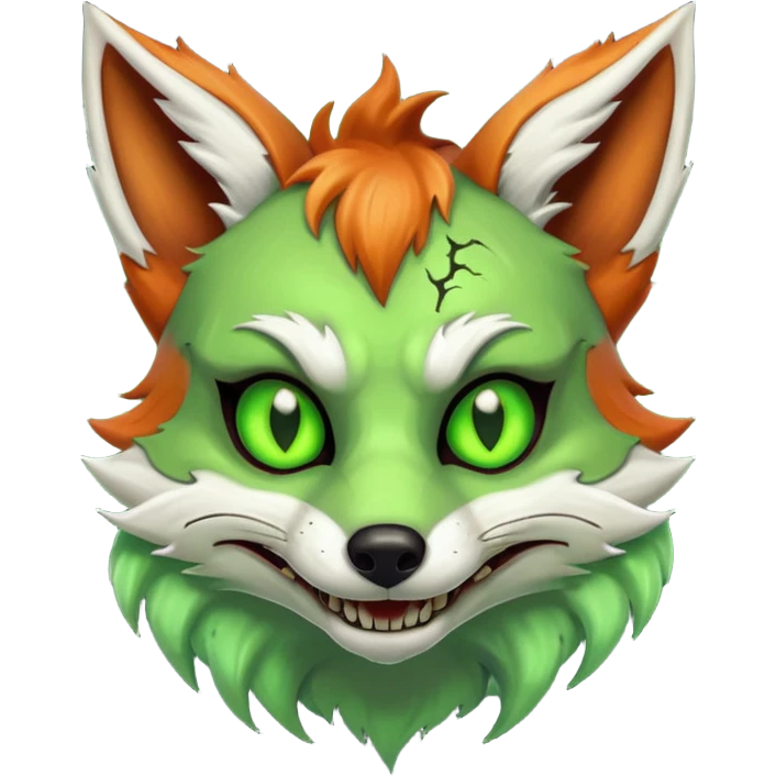 zombie fox portrait, head and shoulders only, torn tail fur visible, sinister grin, glowing toxic eyes, spooky fantasy style, 3D cartoon, mobile game icon style, clean background, no text, no watermark
 emoji