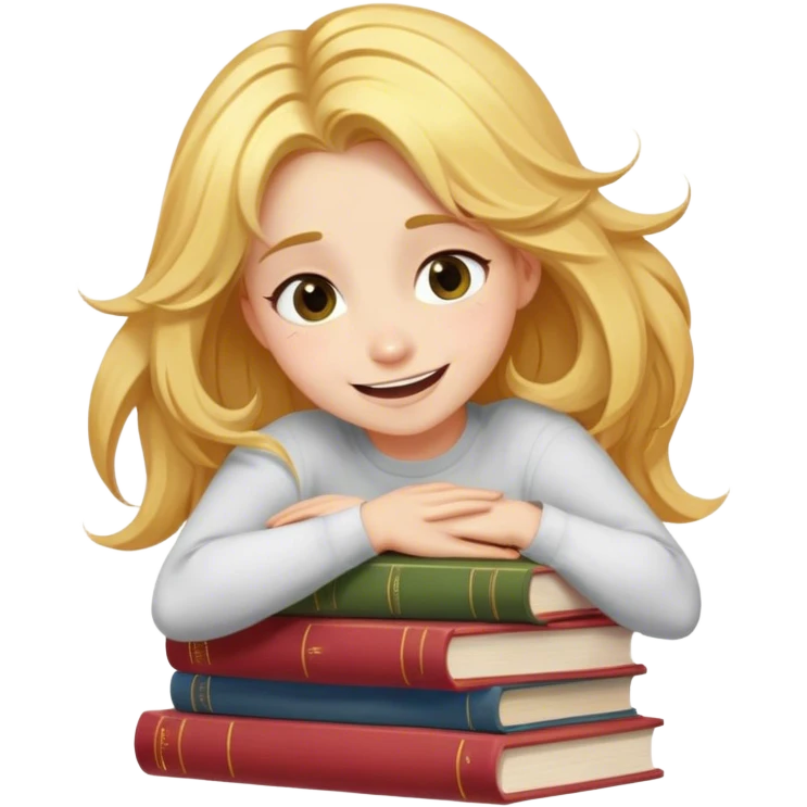 Cinematic Adorable Belle Portrait Emoji, Giggling as she hugs a stack of books, eyes twinkling with excitement, golden hair tousled slightly, a perfect mix of beauty and endearing nerdiness! emoji