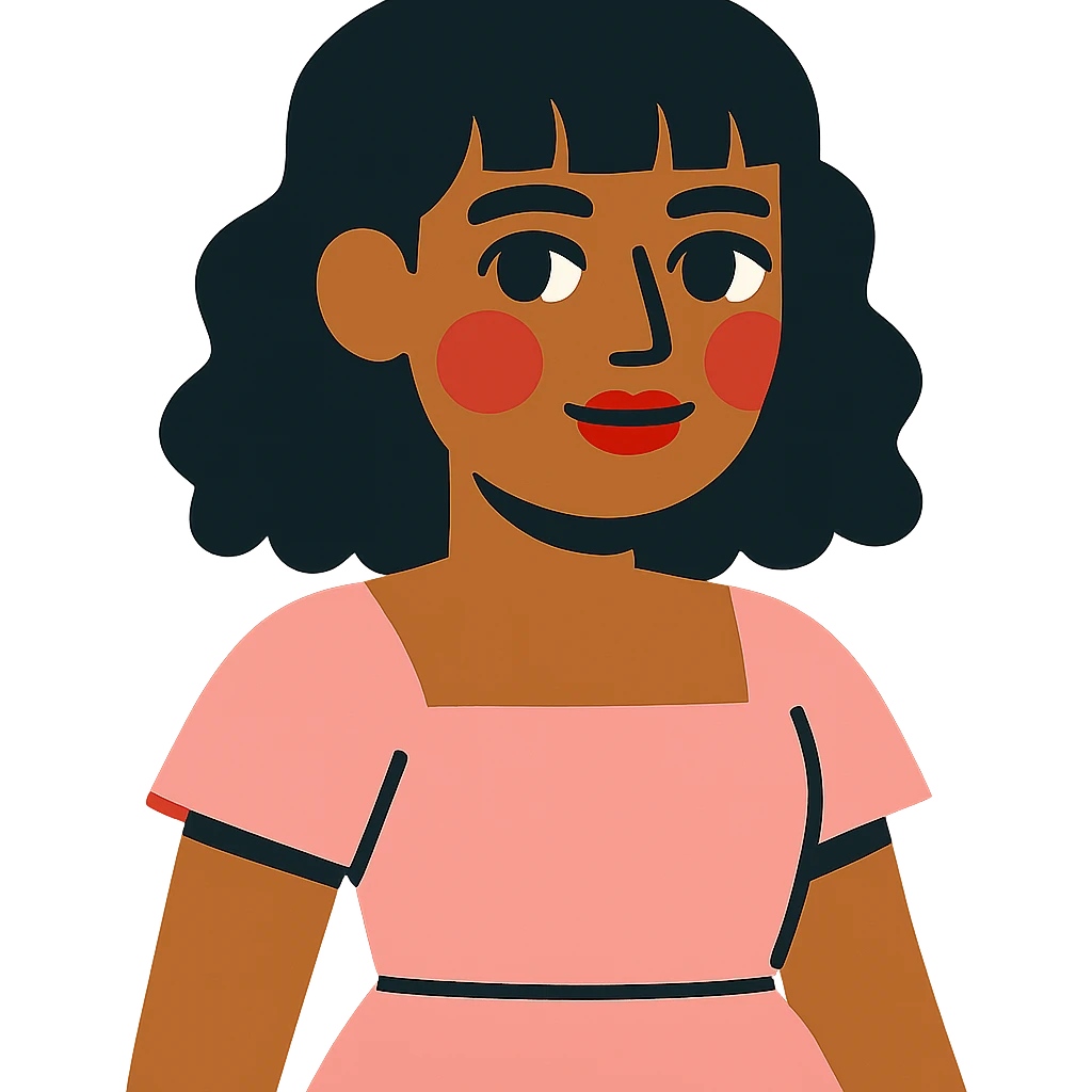 personagem de pele parda, cabelos cacheados pretos de comprimento médio com franja, olhos castanhos, maquiagem de boneca, vestido rosa claro emoji