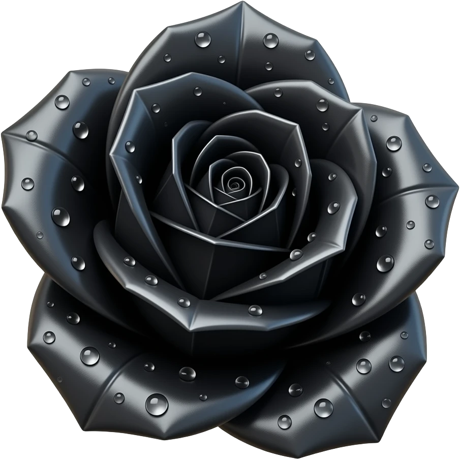 Hyperrealistic mirco-detailed Black color Origami rose, with water drops on the larger petals, that give a pearlescent hue, isolated 3D rendering 4k hd professional printing quailty, 600 dpi. 3000x3000 pixels. No emoji icons no emoji faces emoji