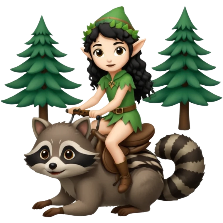 tiny forest elf with curly black hair riding raccoon emoji