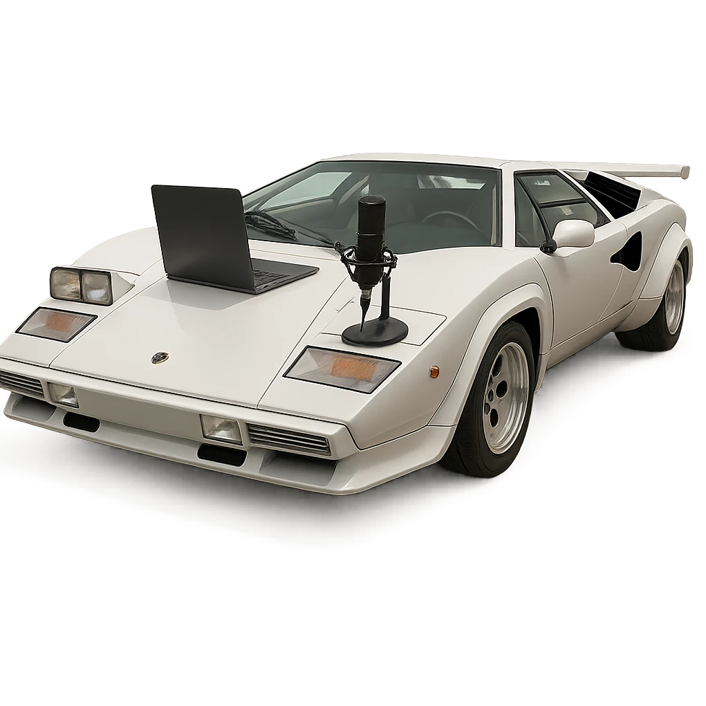 Lamborghini Countach with a laptop and recording microphone on the hood emoji