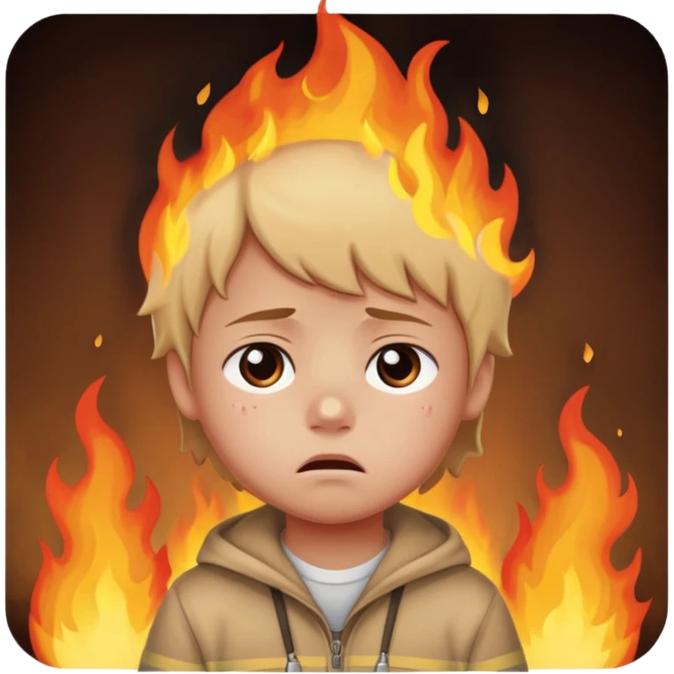 small child sitting sad with flames and burning street behind emoji