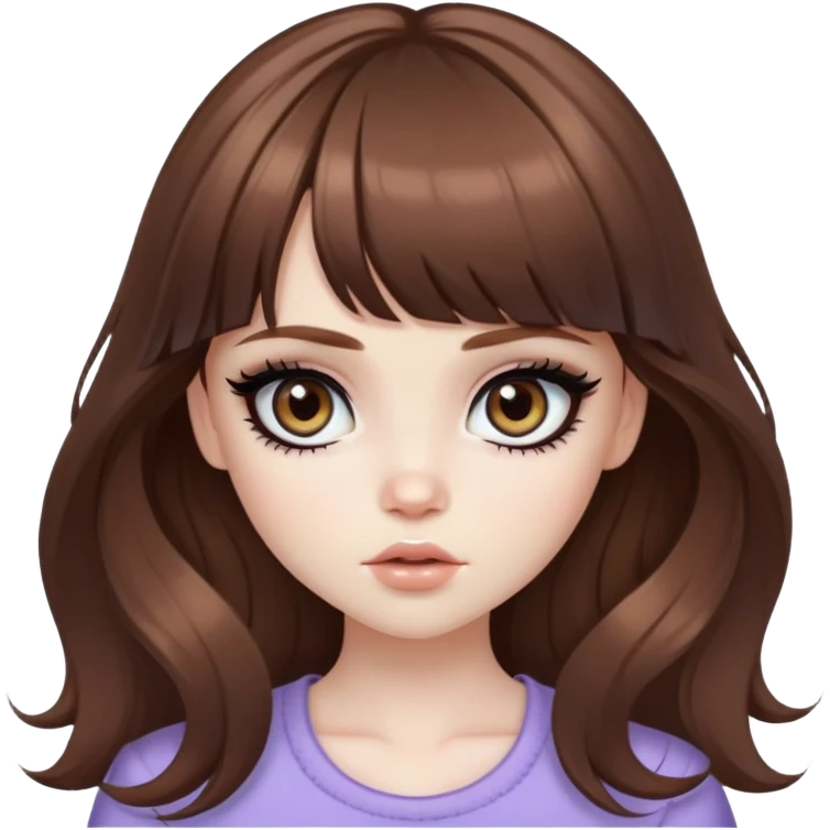 wavy brown long bangs hair, pale skin,  heterochromia iris, pretty bratz baddie, strong black eyeliner emoji