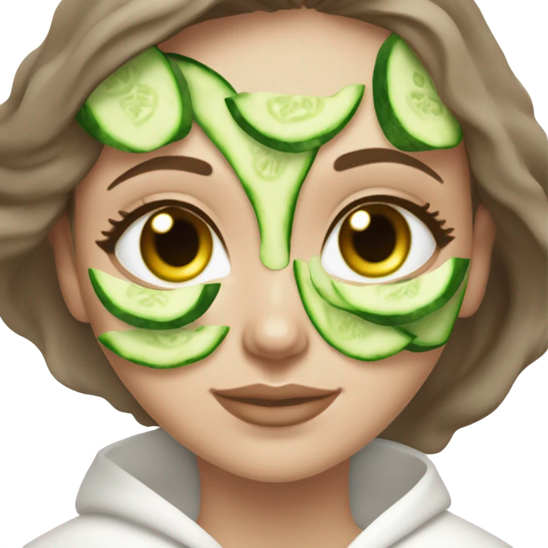 White girl with Brown hair and blue eyes wears a Green colored skincare clay textured mask and puts on cucumbers around her eyes while She relaxes in her white Robe emoji