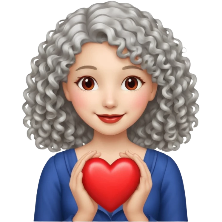 silvery curly/wavy shoulder-length hair smiling lady holding a heart emoji