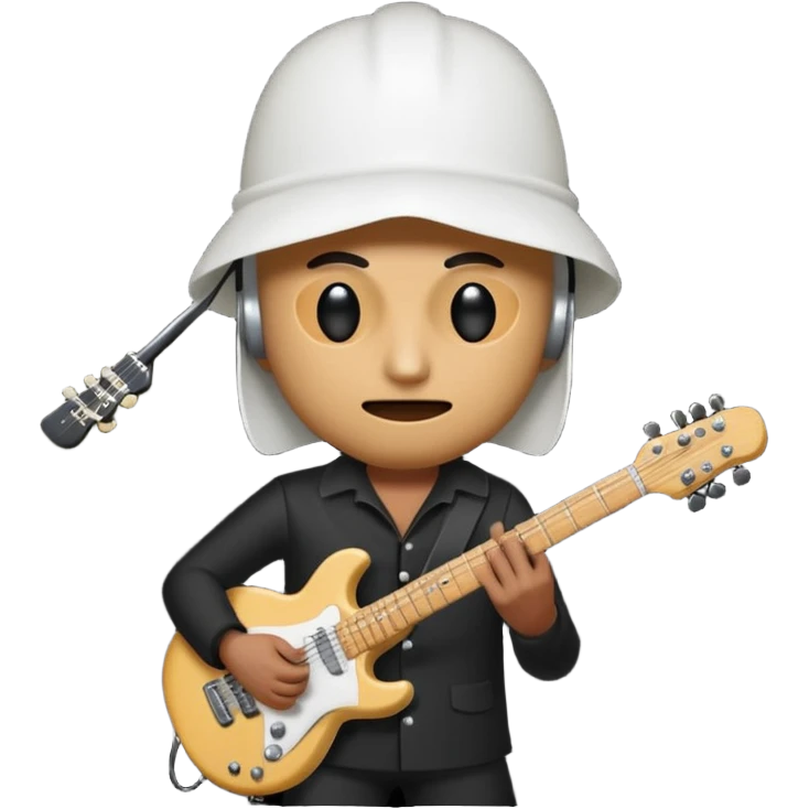 A quirky emoji-style character of a guitarist wearing a white bucket on his head, with two eye holes, a blank expression, and a small theatrical mask on the bucket. He’s holding an electric guitar, dressed in a simple black outfit, giving off a mysterious but playful rock legend vibe. emoji