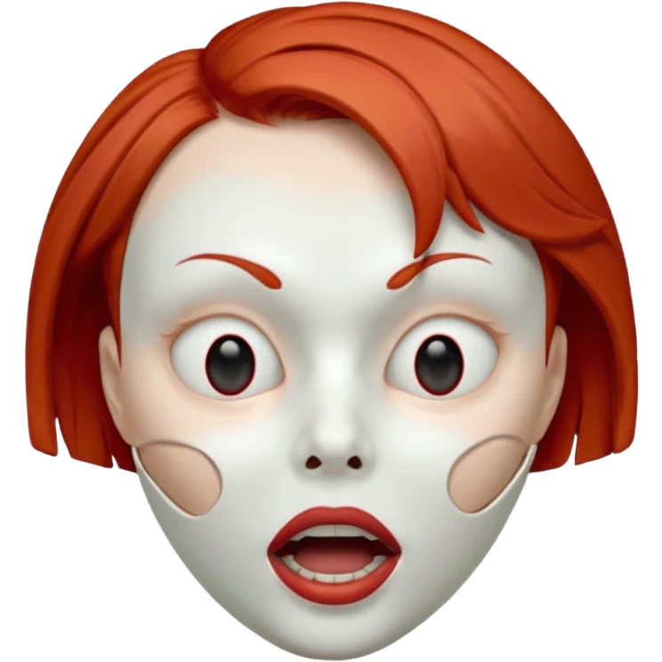 Empty mask resembling a head of a female with short red hair, hollow eye sockets and open mouth emoji