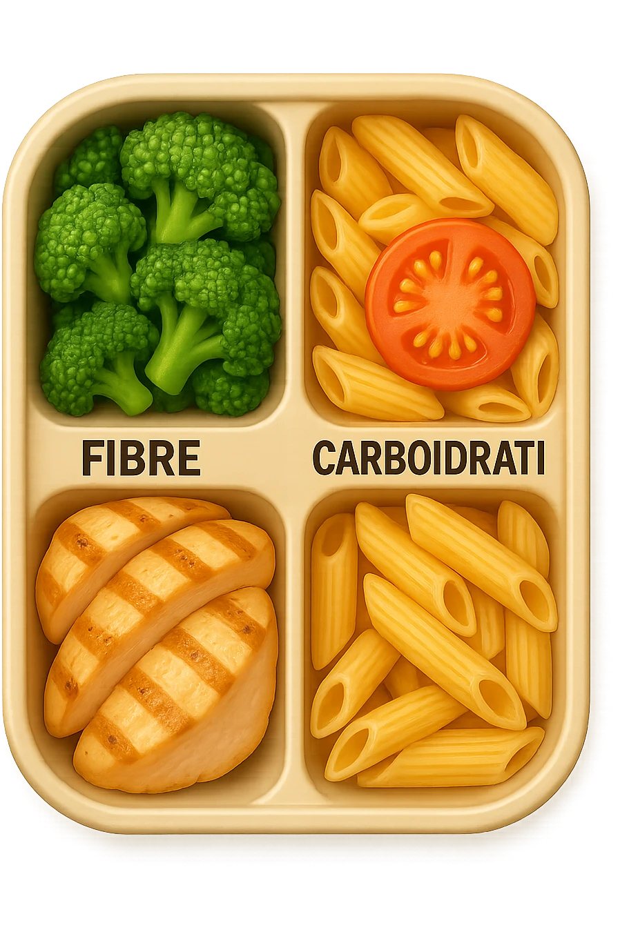 EMOJI STILE IPHONE DI una schiscetta vista dall'alto con 3 porzioni ben distinte: nelle porzioni scrivi le parole FIBRE, PROTEINE, CARBOIDRATI, iperrealistica 4k emoji