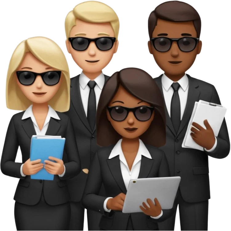Команда в деловых костюмах из трёх человек. на переднем палне Мужчина впереди общается по смартфону, дальше женщина слева стоит с ноубуком, мужчина справа держит бумаги. У всех людей разные, но позитивные эмоции. Все троя в солнцезащитных очках emoji