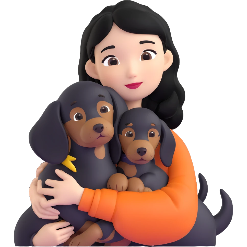 black hair asian girl hugging black dachshund emoji
