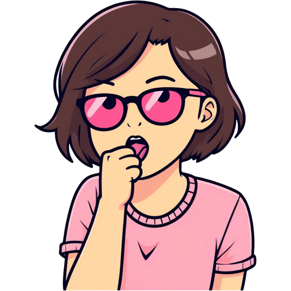 brunette with pink glasses biting fist in mouth emoji