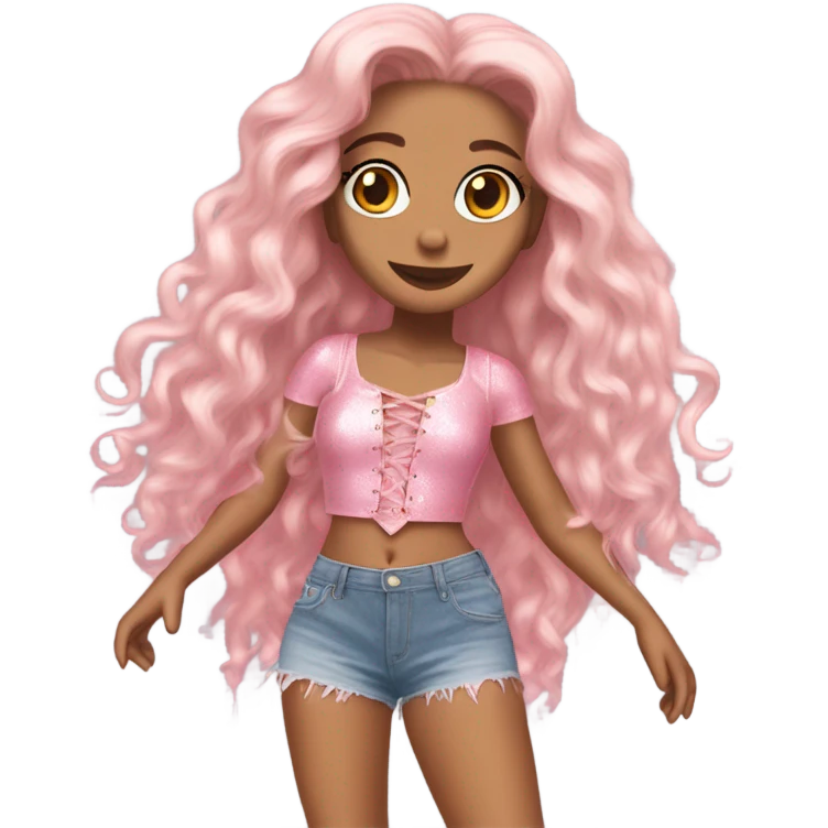 Glinda wearing a pink Shakira lace up croc top and short jeans  emoji