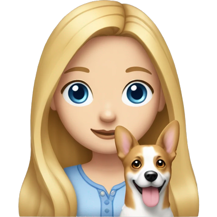 a girl with long blonde hair, she has blue eyes and a narrow nose and in her hands is a dog corgi emoji