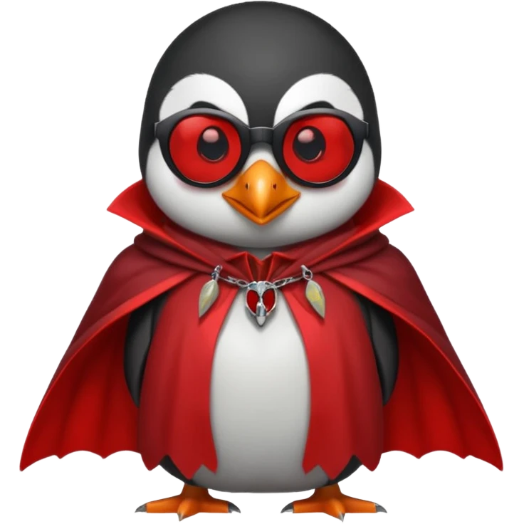 Vampire animal, penguin  in red collar cloak, red eye, fangs, sunglasses emoji