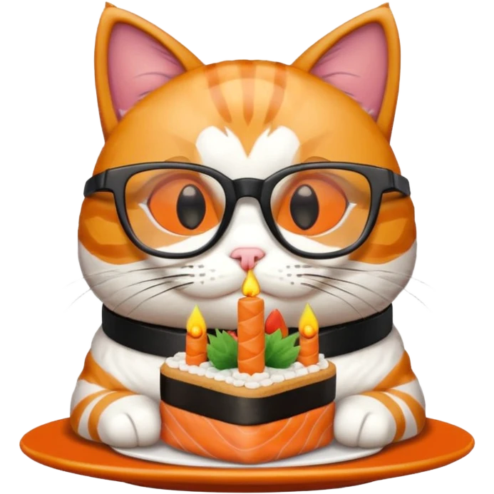 cat with cool square shaped glasses eating a birthday cake made out of sushi emoji
