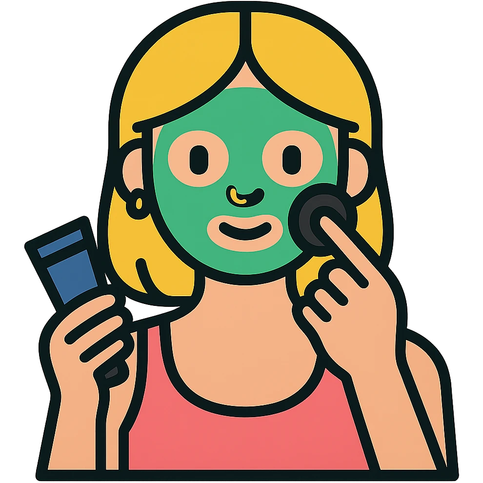 Add a skincare facial mask on the blonde woman with a nose piercing, keep the color outline style, transparent background. emoji