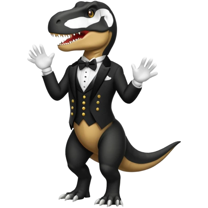 T-Rex standing upright wearing classic butler uniform with black tailcoat white gloves and bowtie 1990s emoji style emoji