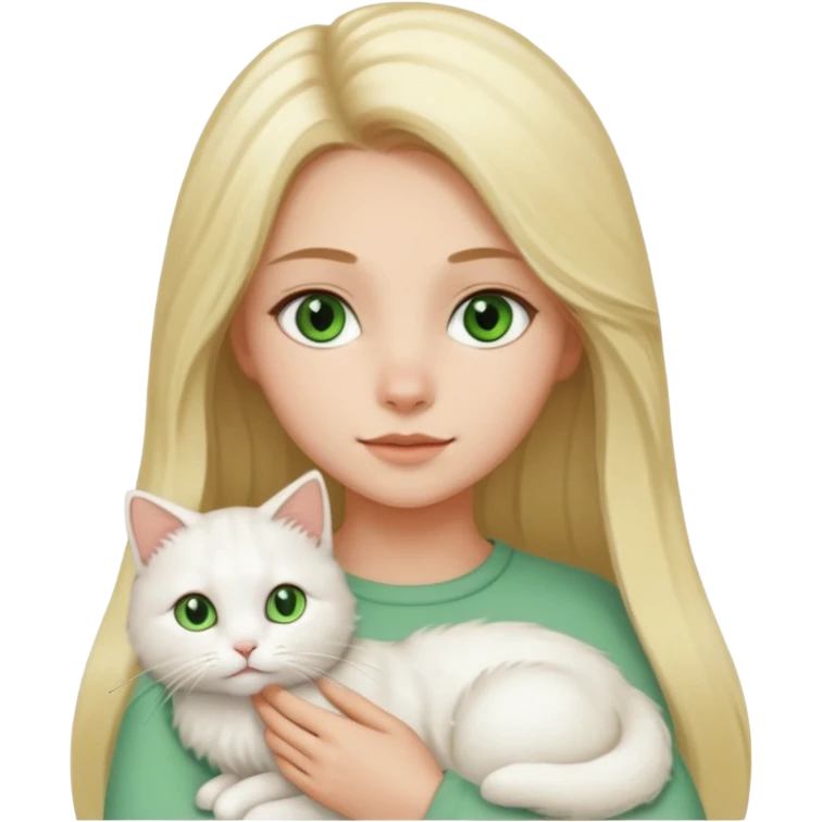 A cartoon-style digital illustration of a fair-skinned young woman with long blonde hair and brown eyes gently holding a fluffy white cat with green eyes against a white background. emoji