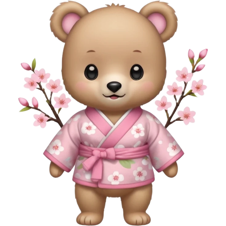 A cute baby bear character in pastel style, standing upright like a human. 
Light brown soft fur, large round ears, rounded paws and feet. 
Big cute black dot eyes, medium blush cheeks, and a tiny smiling mouth. 
Wearing a pink kimono with soft cherry blossom patterns on the sleeves and bottom,  emoji