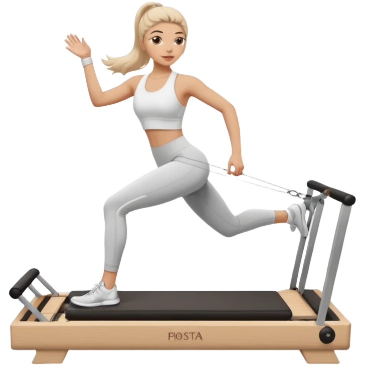 a girl doing reformer pilates, she is wearing a white fit and she has dark straight and loose hair.  emoji