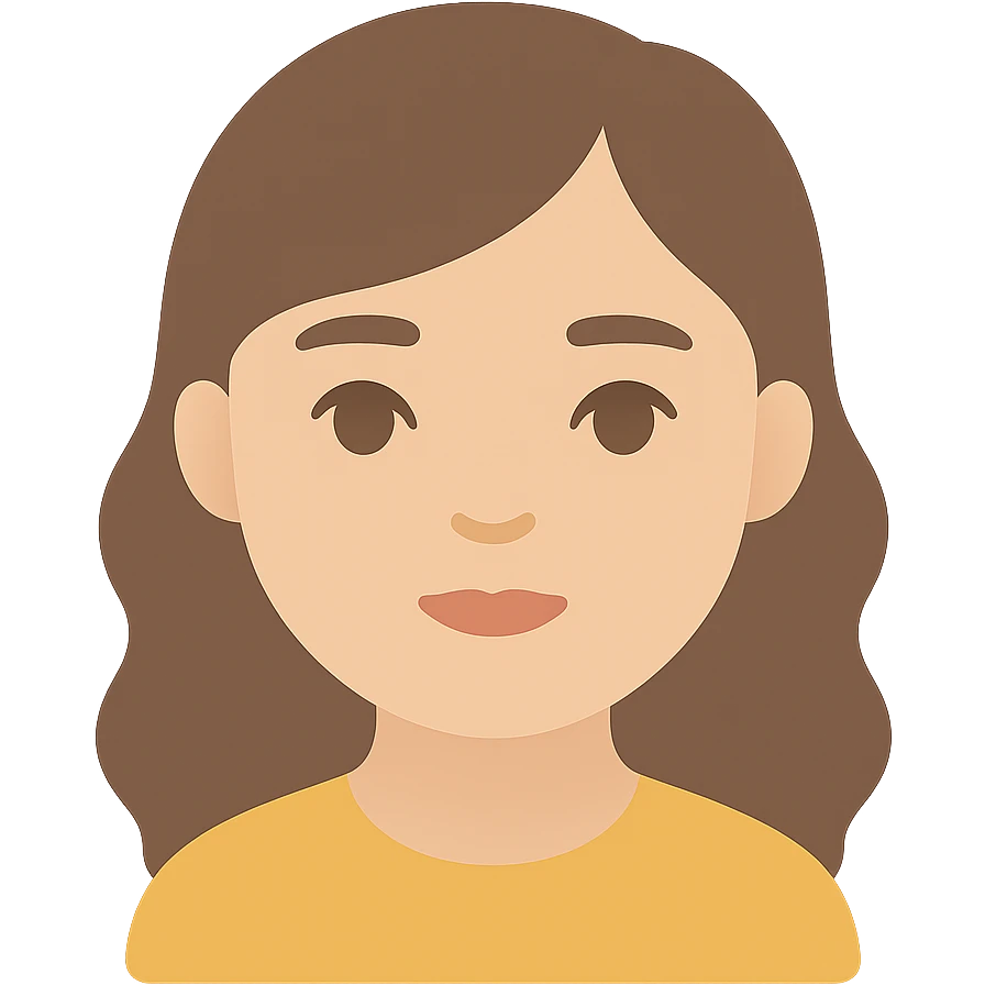 portrait of an Asian girl with medium brown wavy hair and brown eyes, paler skin tone, color icon style emoji